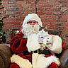 armchair, beard, brick_wall, cat, christmas, christmas_tree, cozy, festive, fur_trim, gift_wrap, gloves, holiday, indoor, pet, portrait, presents, red_suit, santa, sitting, white_beard
