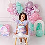 Laura is registered to the contest to win money with this photo: child, girl, birthday_cake, cake, table, balloons, pastel_colors, party, celebration, dress, purple_dress, curly_hair, smile, indoor, decorations, mermaid_theme, white_shoes, happy, event, fun