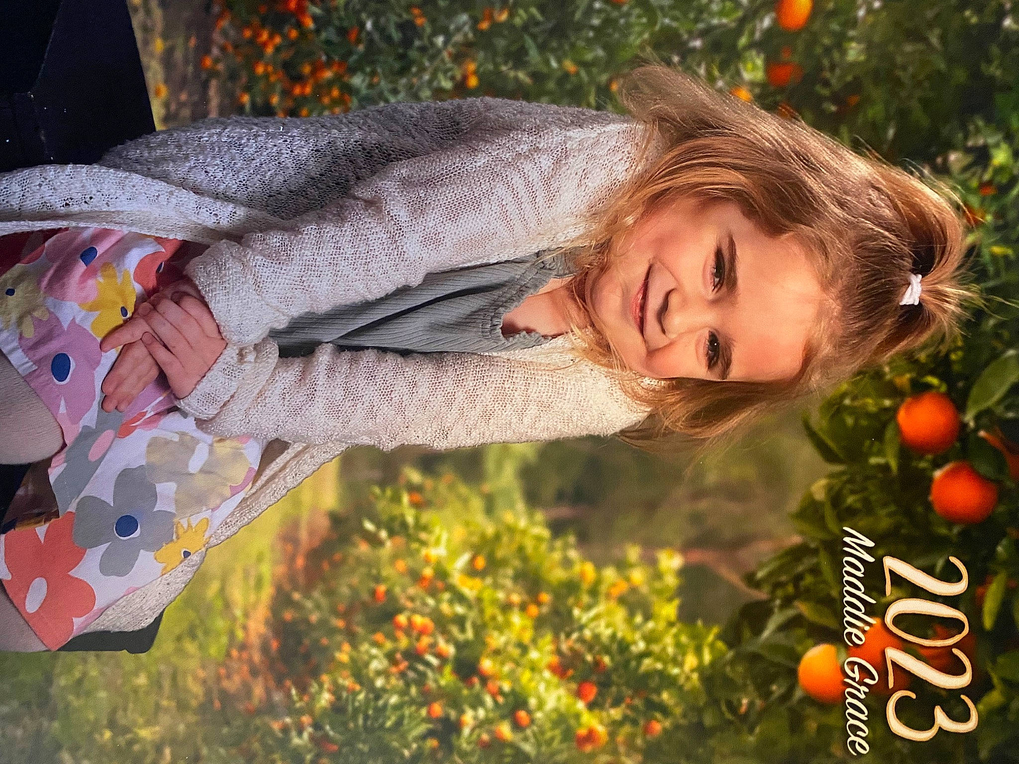 Madalyn joined the competition — help win amazing prizes! child, event, fir, fun, garden, grass, happy, holiday, holiday_ornament, joy, leisure, orange, people_in_nature, person, plant, portrait_photography, sitting, smile, tree