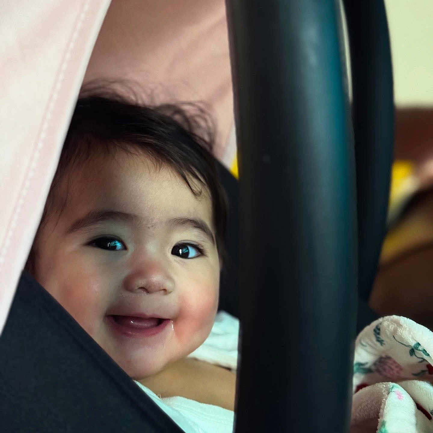 Maya is registered to the contest to win money with this photo: baby, babylaughing, bed, bodypart, cushion, face, happy, head, homedecor, laughing, mouth, newborn, person, photography, portrait, smile, stroller, teeth, transportation, vehicle