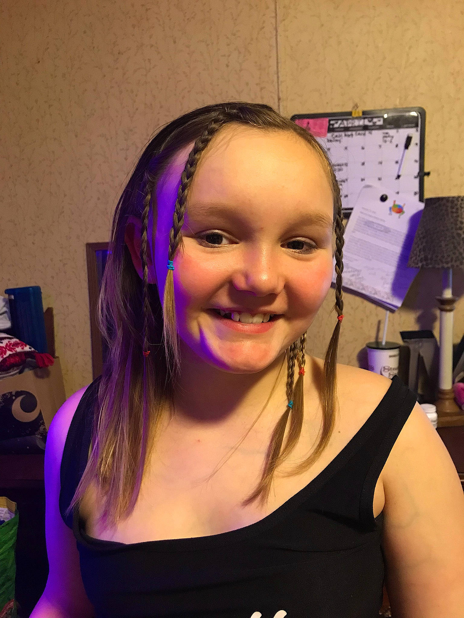 Dakota is registered to the contest to win money with this photo: black_hair, chest, cool, electric_blue, event, eyebrow, eyelash, eyewear, fashion_accessory, flash_photography, fun, happy, jewellery, joy, magenta, makeover, necklace, person, purple, sleeveless_shirt