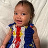Saniyah joined the competition — help win amazing prizes! baby, infant, child, smiling, happy, portrait, close_up, face, eyes, open_mouth, brown_hair, blue_eyes, colorful_clothing, dress, blanket, white_blanket, lying_down, indoor, adorable, photography