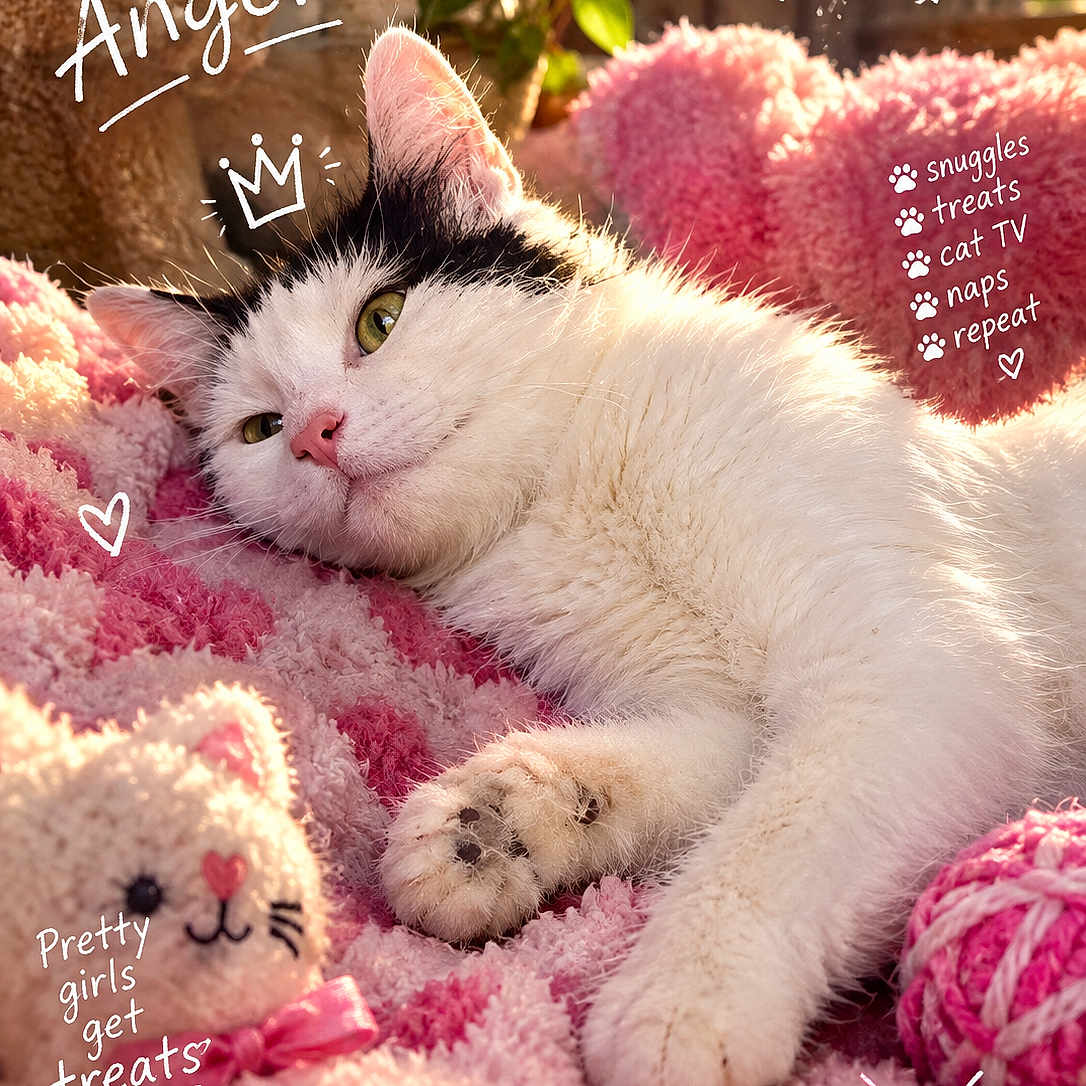 Angel joined the competition — help win amazing prizes! cat, pet, fluffy, pink_blanket, sunlight, cozy, cute, relaxed, toy, knit_yarn, indoor, feline, animal, paw, closeup, portrait, decor, handwritten_text, doodles, soft_toys