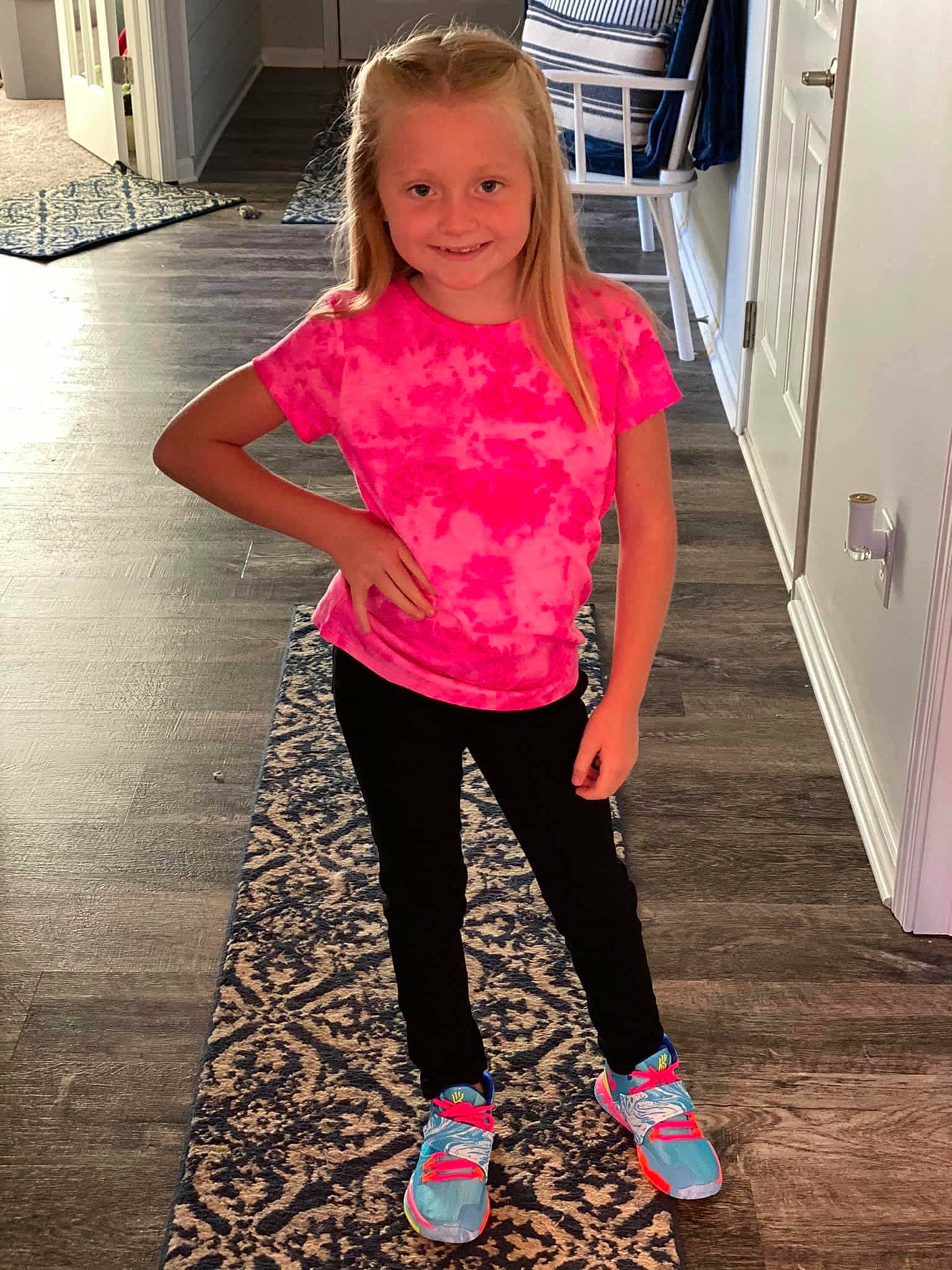 Lainey joined the competition — help win amazing prizes! active_pants, baby_toddler_clothing, cabinetry, child, child_model, door, floor, flooring, joy, leggings, magenta, mouth, person, pink, purple, standing, style, sweatpant, walking_shoe