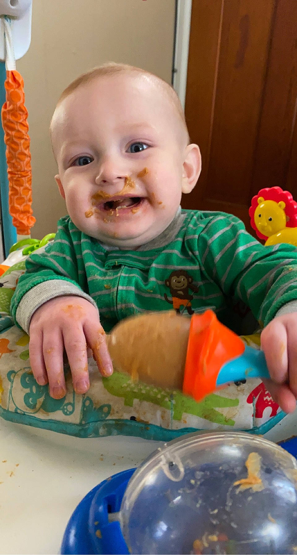 Clyde joined the competition — help win amazing prizes! baby, baby_toddler_clothing, blue, cheek, chin, eye, face, facial_expression, finger, happy, head, iris, mouth, nose, organ, person, skin, sleeve, smile, standing