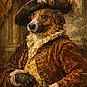 dog, portrait, costume, historical_clothing, feathered_hat, ruffled_collar, brown_fur, gloves, vintage_style, elegant, aristocratic, painting_style, classic, regal, character, puppet, formal, old_fashioned, dramatic, artistic