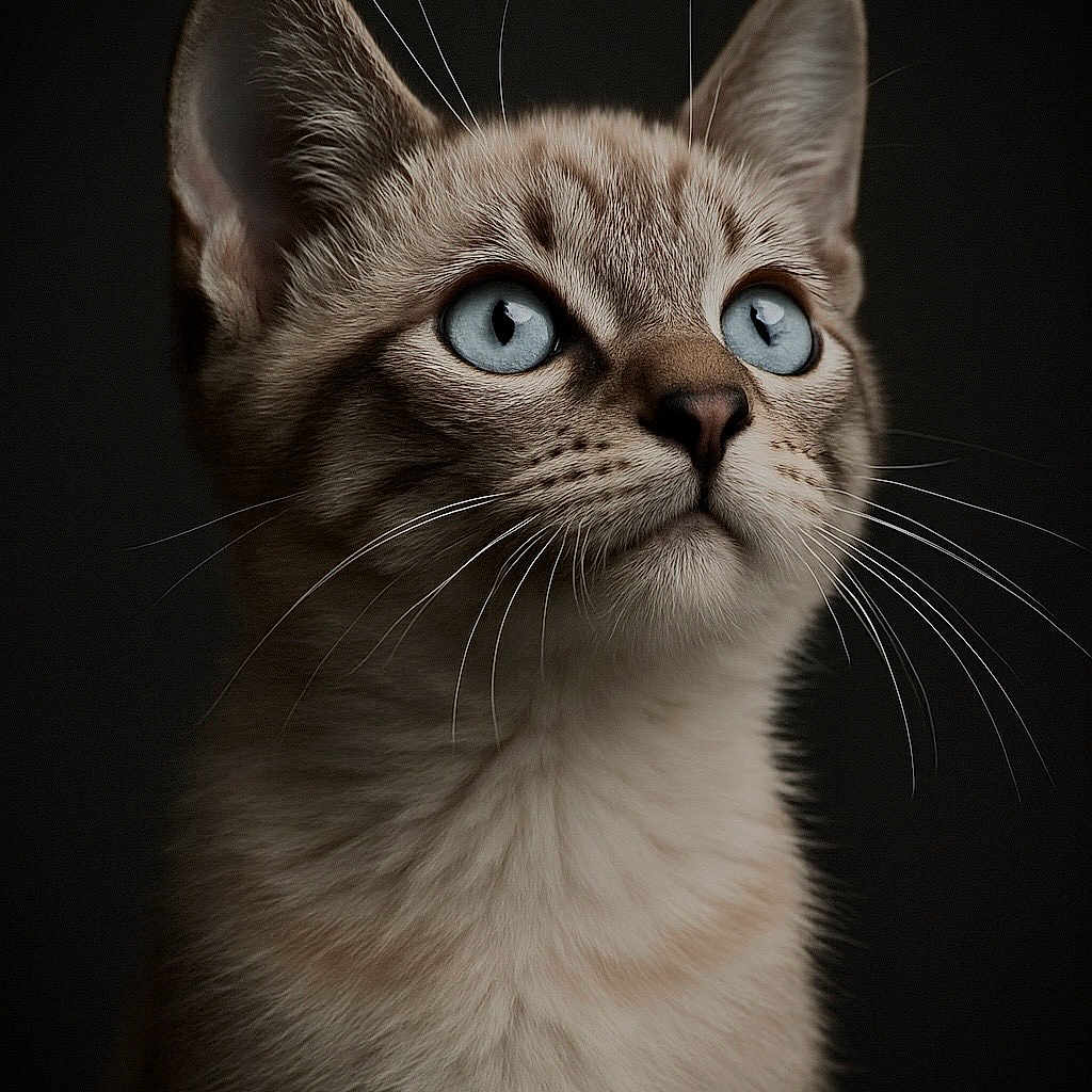 Aaliyah participe au concours pour gagner de l'argent avec cette photo : alert, animal, blue_eyes, cat, close_up, curious, cute, dark_background, ears, feline, focused, fur, indoor, mammal, nose, pet, portrait, soft_light, whiskers, young_cat