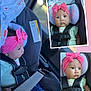 baby, child, car_seat, pink_bow, headband, infant, seatbelt, clothing, portrait, cute, face, sitting, car_interior, safety, young_child, expression, indoors, collage, closeup, person