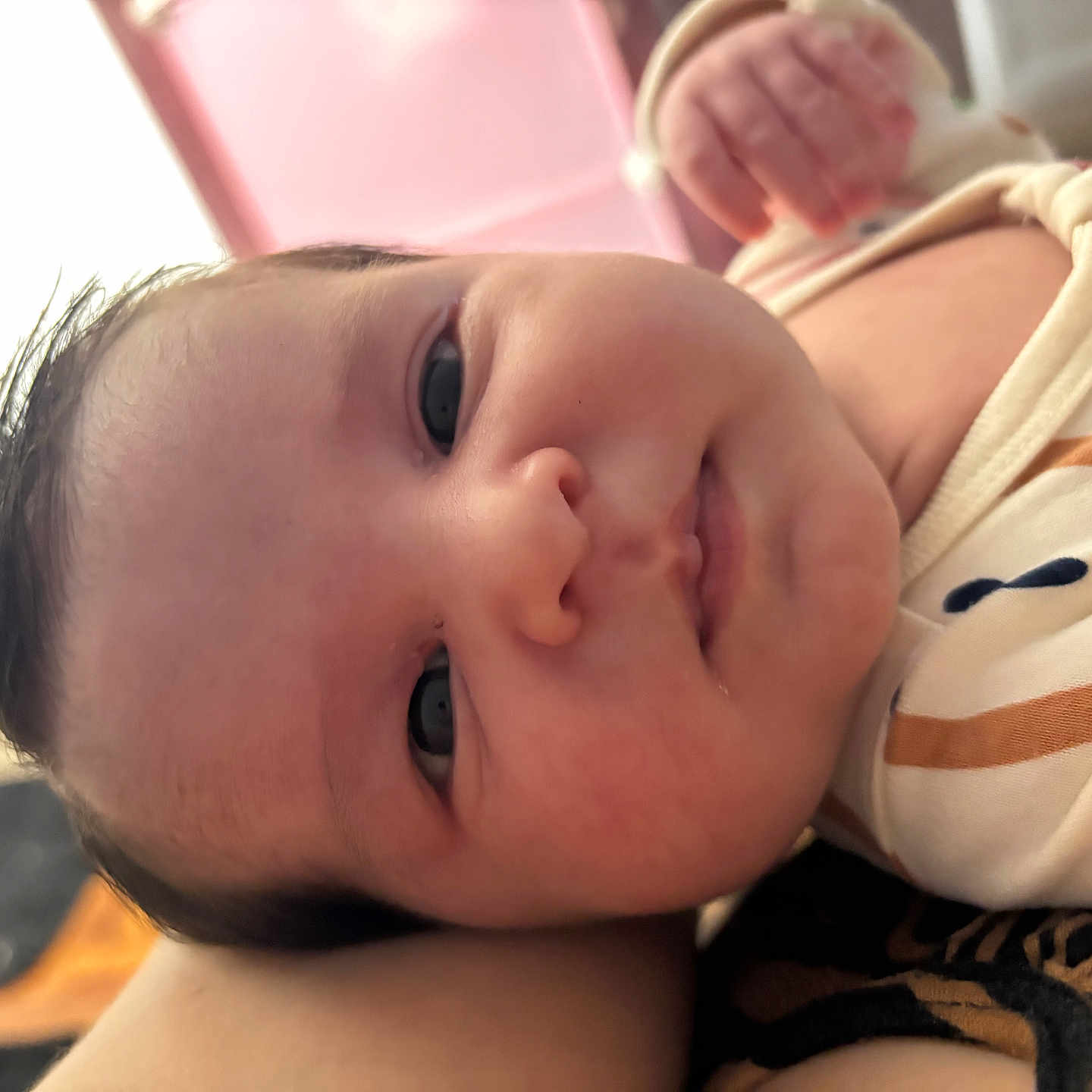 Lorena is registered to the contest to win money with this photo: arm, baby, cheeks, close_up, clothing, cute, eyes, face, hair, hand, indoor, infant, lying_down, mouth, newborn, nose, onesie, pink_background, portrait, soft_lighting