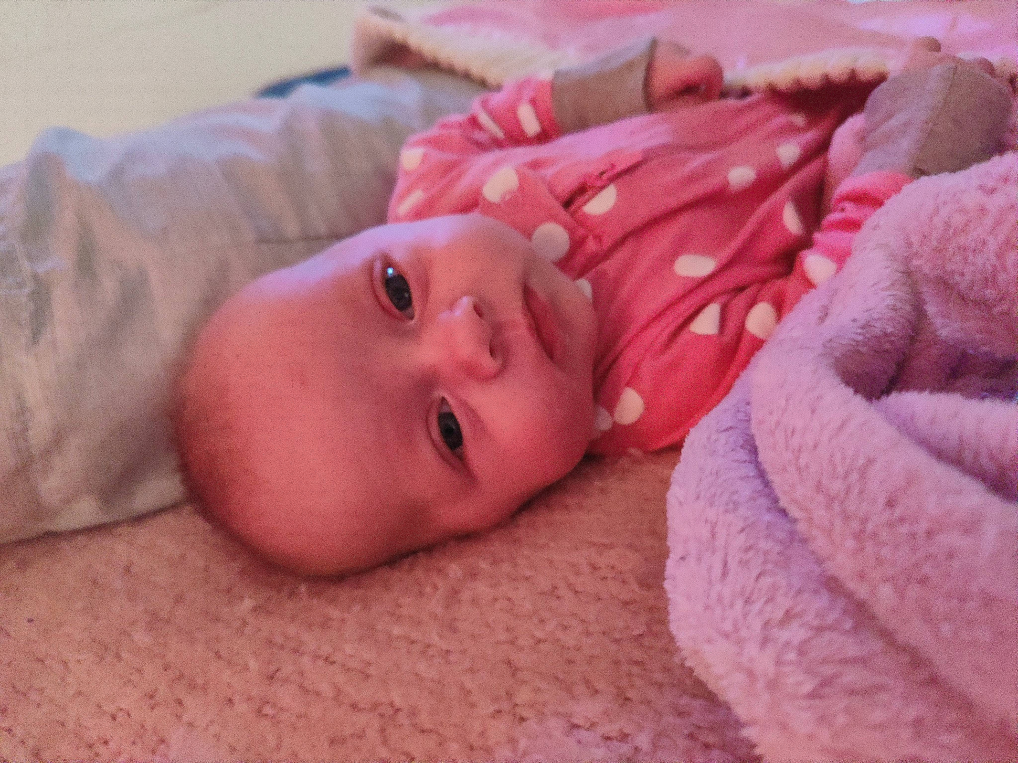 Emersynn is registered to the contest to win money with this photo: baby, baby_toddler_clothing, bedding, bedtime, cheek, child, comfort, eye, face, flooring, fur, grass, head, iris, linens, lip, magenta, nose, person, sleep