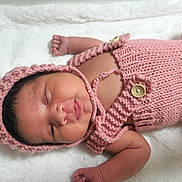 Victoria joined the competition — help win amazing prizes! newborn, baby, sleeping, infant, portrait, pink, crocheted, outfit, bonnet, blanket, white, cozy, peaceful, lying_down, face, closed_eyes, hands, arms, indoor, cute