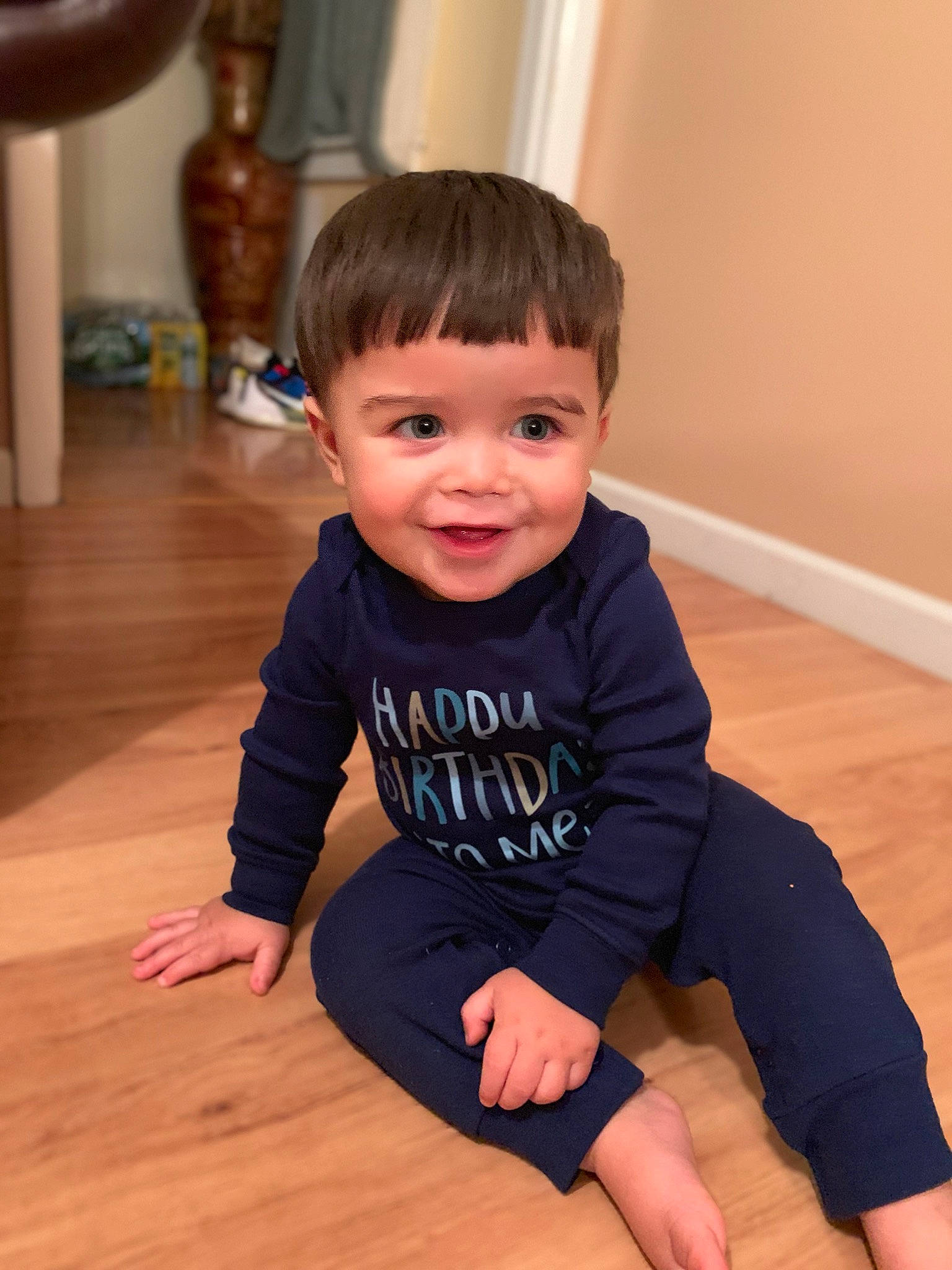Jermaine joined the competition — help win amazing prizes! arm, baby, cheek, child, floor, flooring, joy, leg, person, play, sitting, skin, sleeve, smile, standing, t_shirt, toddler, wood