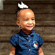 Halo is registered to the contest to win money with this photo: bow, carpet, casual, child, cute, denim, dress, earrings, face, fashion, girl, hair_accessory, happy, indoors, person, portrait, smiling, stairs, toddler, young_child
