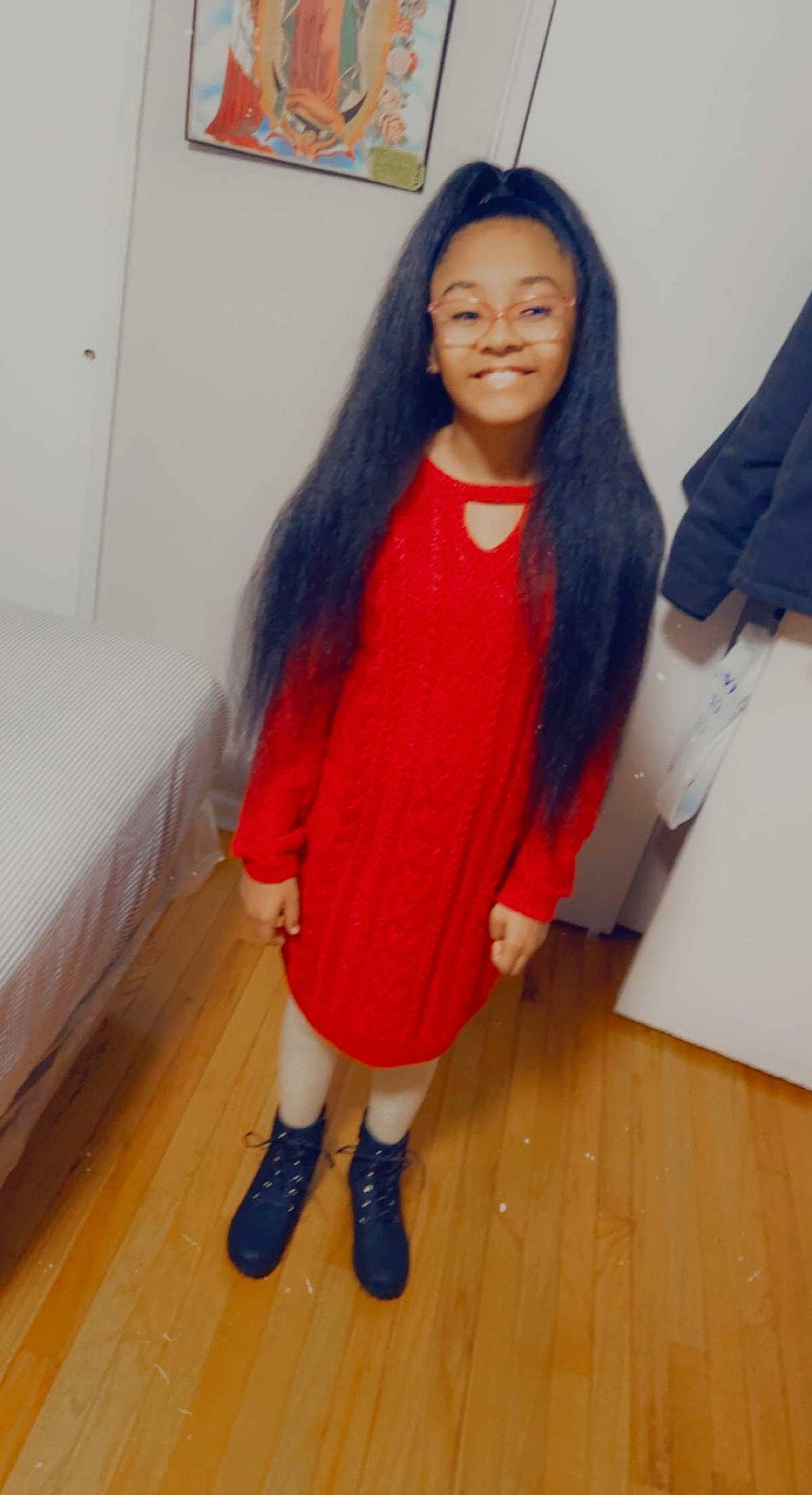 Kiana is registered to the contest to win money with this photo: arm, child, costume, electric_blue, event, fashion_design, flooring, foot, hardwood, hime_cut, human_leg, joy, knee, long_hair, neck, person, sleeve, thigh, uniform, wig