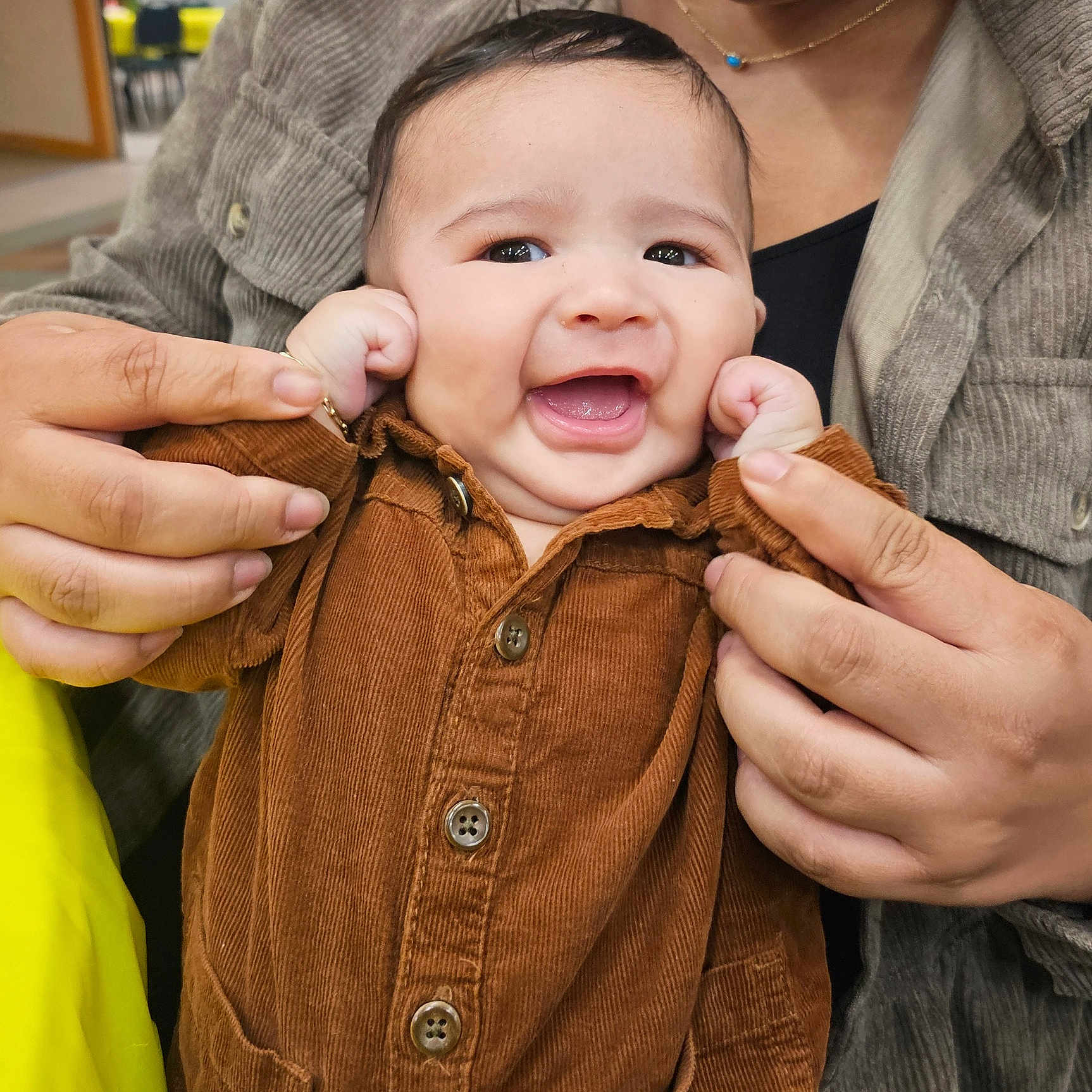 Armani joined the competition — help win amazing prizes! accessories, baby, babylaughing, bodypart, clothing, coat, face, finger, hand, happy, head, jacket, jewelry, laughing, necklace, pants, person, photography, portrait, smile