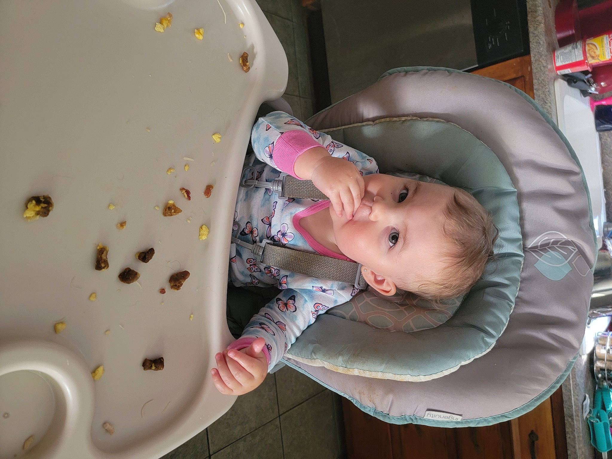 Elizabeth is registered to the contest to win money with this photo: baby, baby_products, baby_toddler_clothing, bathing, chair, cheek, child, circle, comfort, food, fun, person, pink, plastic, room, sitting, toddler