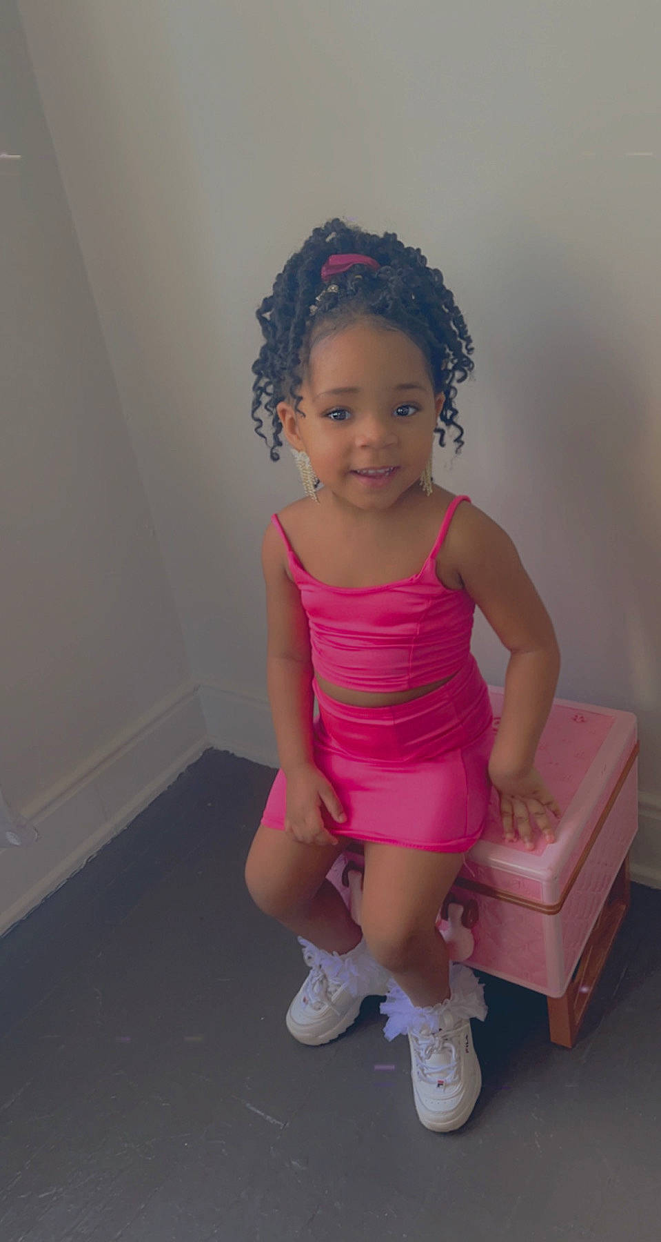 Goddess is registered to the contest to win money with this photo: afro, baby_toddler_clothing, child, fashion_design, footwear, fun, happy, human_leg, jheri_curl, joy, knee, magenta, person, pink, ringlet, sandal, shoe, smile, sneakers, sock
