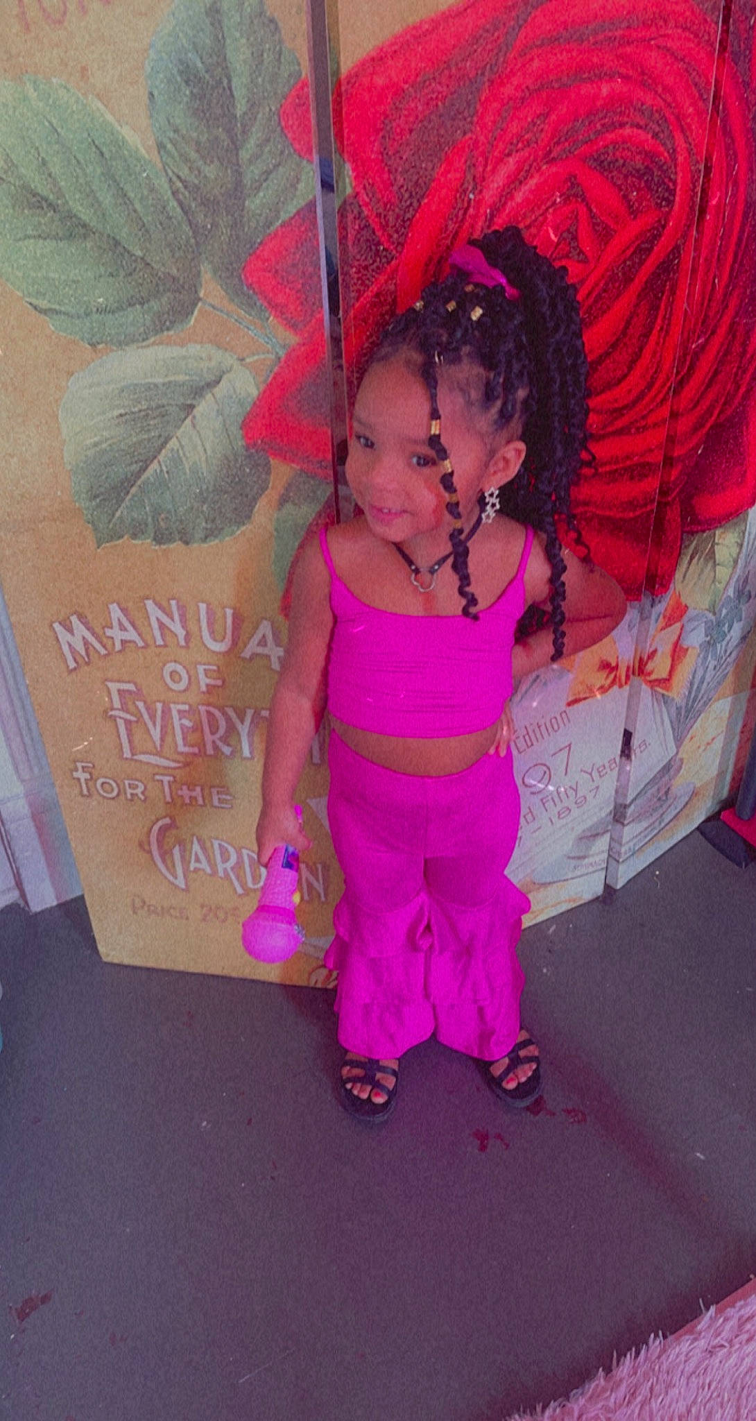 Goddess joined the competition — help win amazing prizes! art, baby, baby_toddler_clothing, child, costume, event, fashion_accessory, handwriting, happy, joy, magenta, pattern, person, petal, pink, purple, sandal, smile, textile, toddler