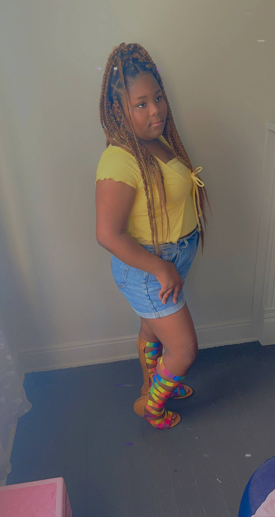 Leah is registered to the contest to win money with this photo: abdomen, barefoot, black_hair, electric_blue, eye, face, fashion_design, flooring, foot, happy, human_leg, joint, knee, leg, long_hair, person, sandal, sportswear, thigh, trunk