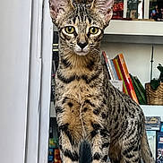 Bwengyé a rejoint le concours — aidez-le/la à gagner de superbes lots ! cat, spotted_cat, large_ears, indoor, bookshelf, books, decor, plant, curious, alert, standing, feline, pet, domestic_animal, closeup, portrait, animal, striped, whiskers, tail