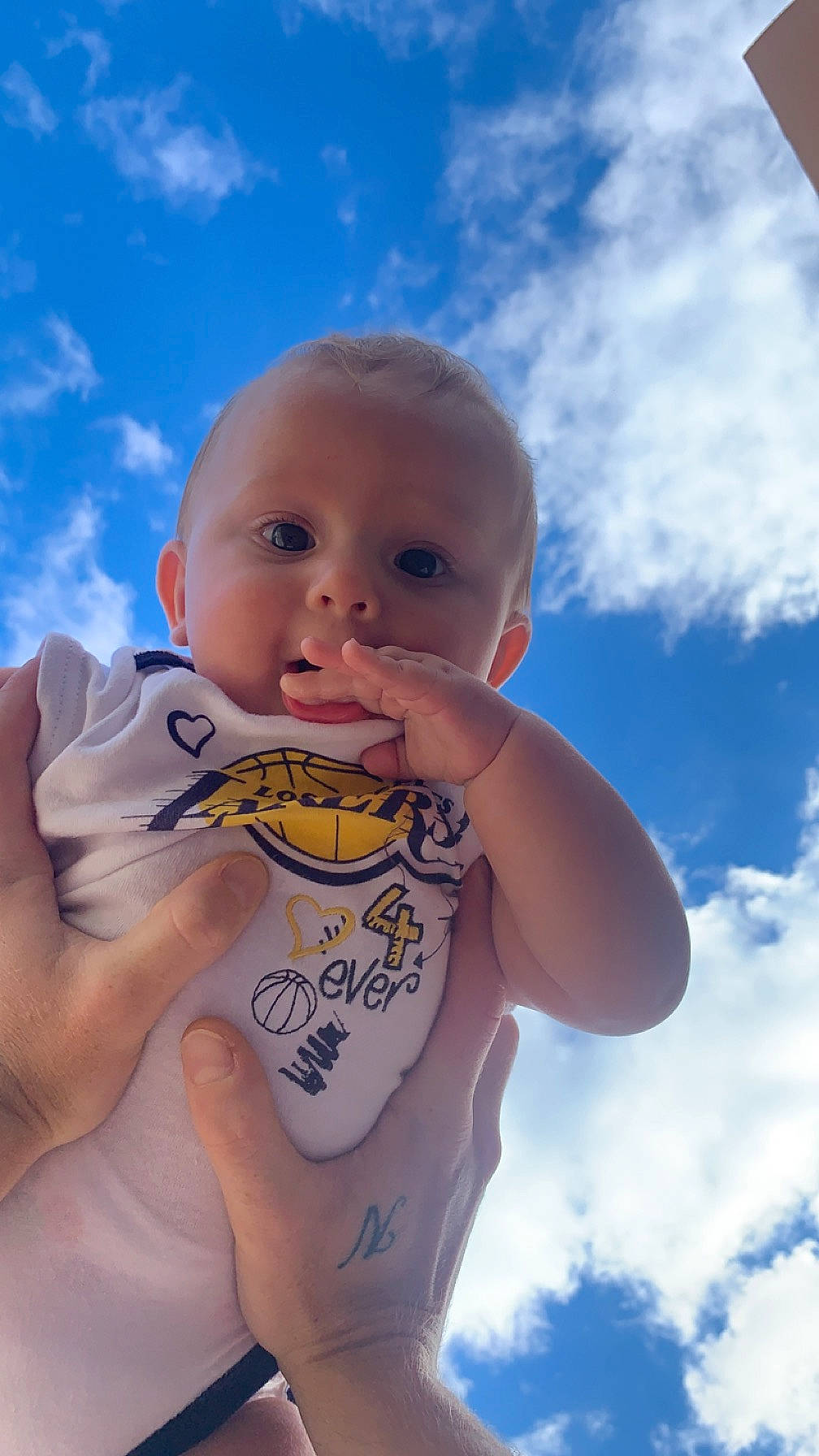 Noham participe au concours pour gagner de l'argent avec cette photo : azure, baby, baby_toddler_clothing, blue, cloud, cumulus, flash_photography, gesture, grass, hand, happy, human_body, iris, lip, nose, people_in_nature, person, skin, sky, sunlight