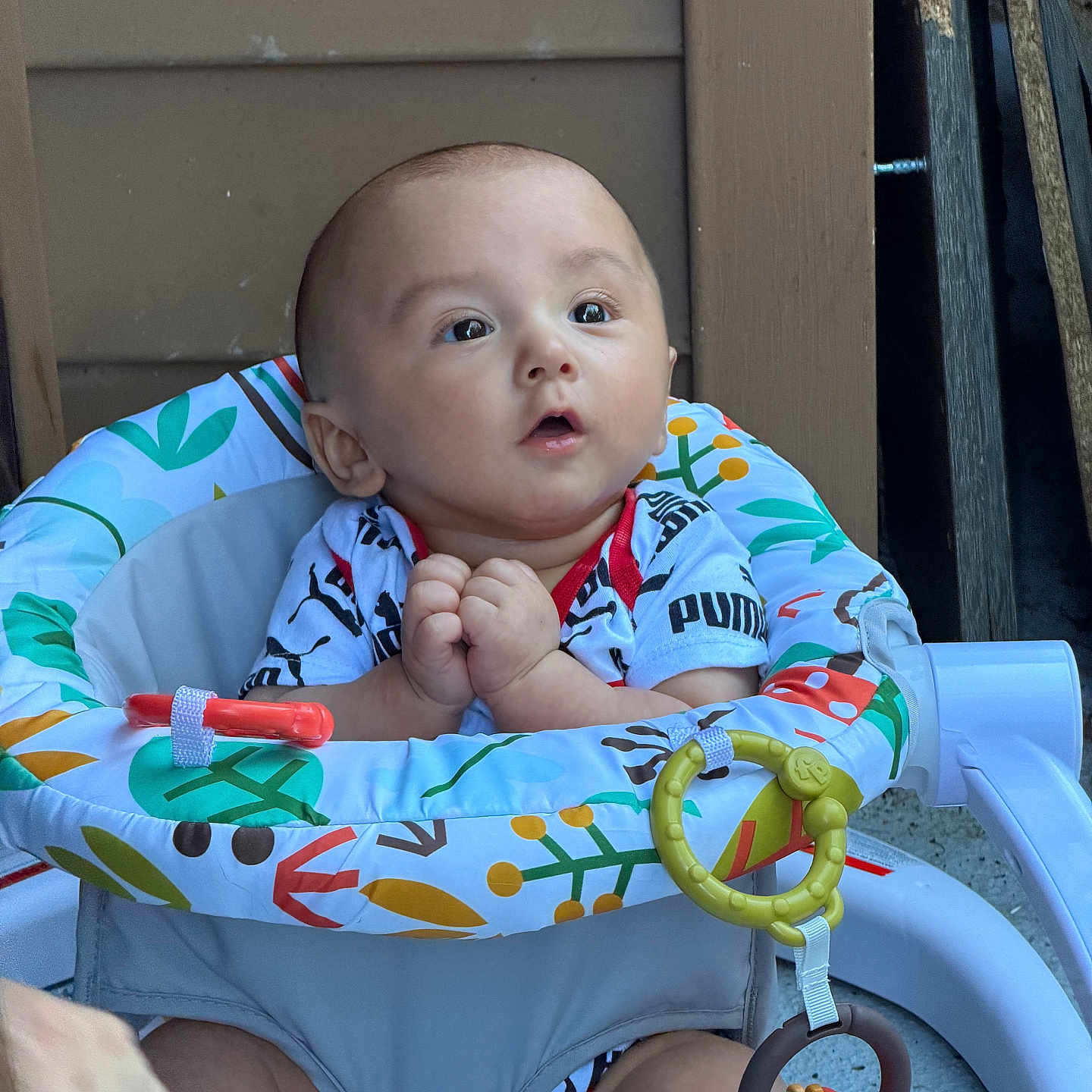 Kylan is registered to the contest to win money with this photo: baby, infant, child, seat, baby_seat, toy, colorful, clothing, pattern, hands, face, expression, wide_eyes, indoor, wood_panel, curious, sitting, person, cute, young