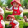 toddler, child, red_hat, red_overall, elmo, grass, outdoor, garden, greenery, smiling, cute, playful, baby, sunlight, happy, portrait, six_frames, infant, nature, casual_clothing