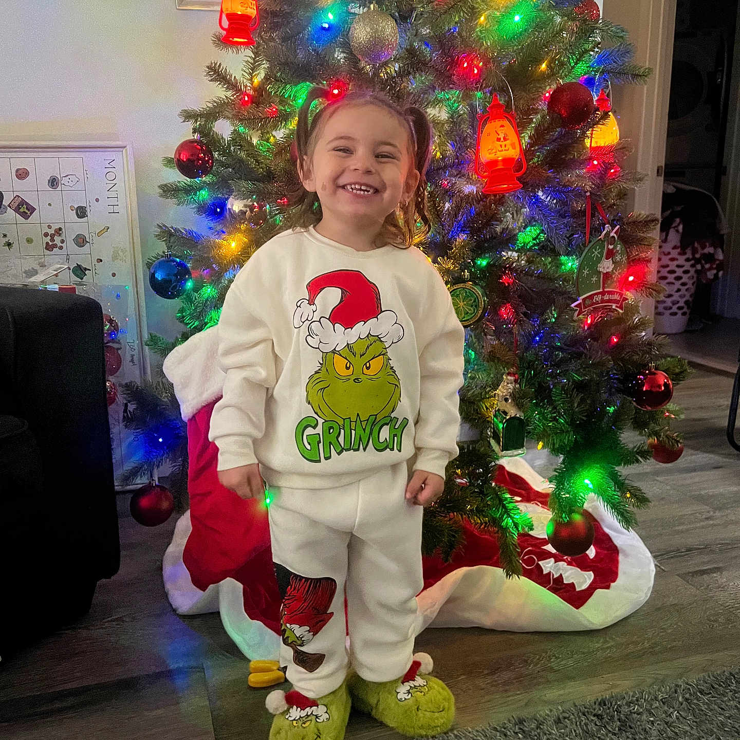Journey joined the competition — help win amazing prizes! carpet, celebration, child, christmas_lights, christmas_tree, cute, decorations, festive, flooring, grinch, holiday, home, indoor, joyful, ornaments, pajamas, person, slippers, smiling, toddler