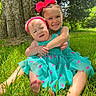 child, children, toddler, grass, tree, outdoor, sunlight, dress, blue_dress, pink_bow, headband, hug, smile, funny_face, nature, summer, cute, sibling, barefoot, happy