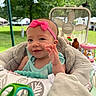 Lyla is registered to the contest to win money with this photo: baby, backyard, box_fan, child, close_up, greenery, happy, headband, infant, lawn, mint_clothing, outdoor, pink_bow, portrait, sitting, smiling, stroller, teether, toy, waving