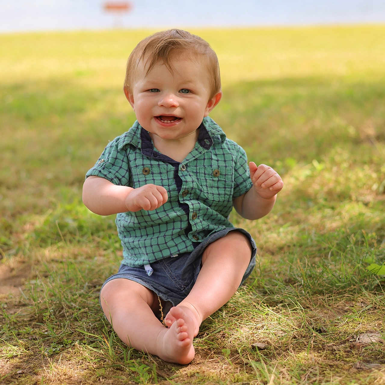 Ethan joined the competition — help win amazing prizes! toddler, child, grass, lake, outdoor, smiling, green_shirt, denim_shorts, barefoot, nature, sunlight, happy, portrait, summer, baby, person, sitting, playful, casual_clothing, daytime