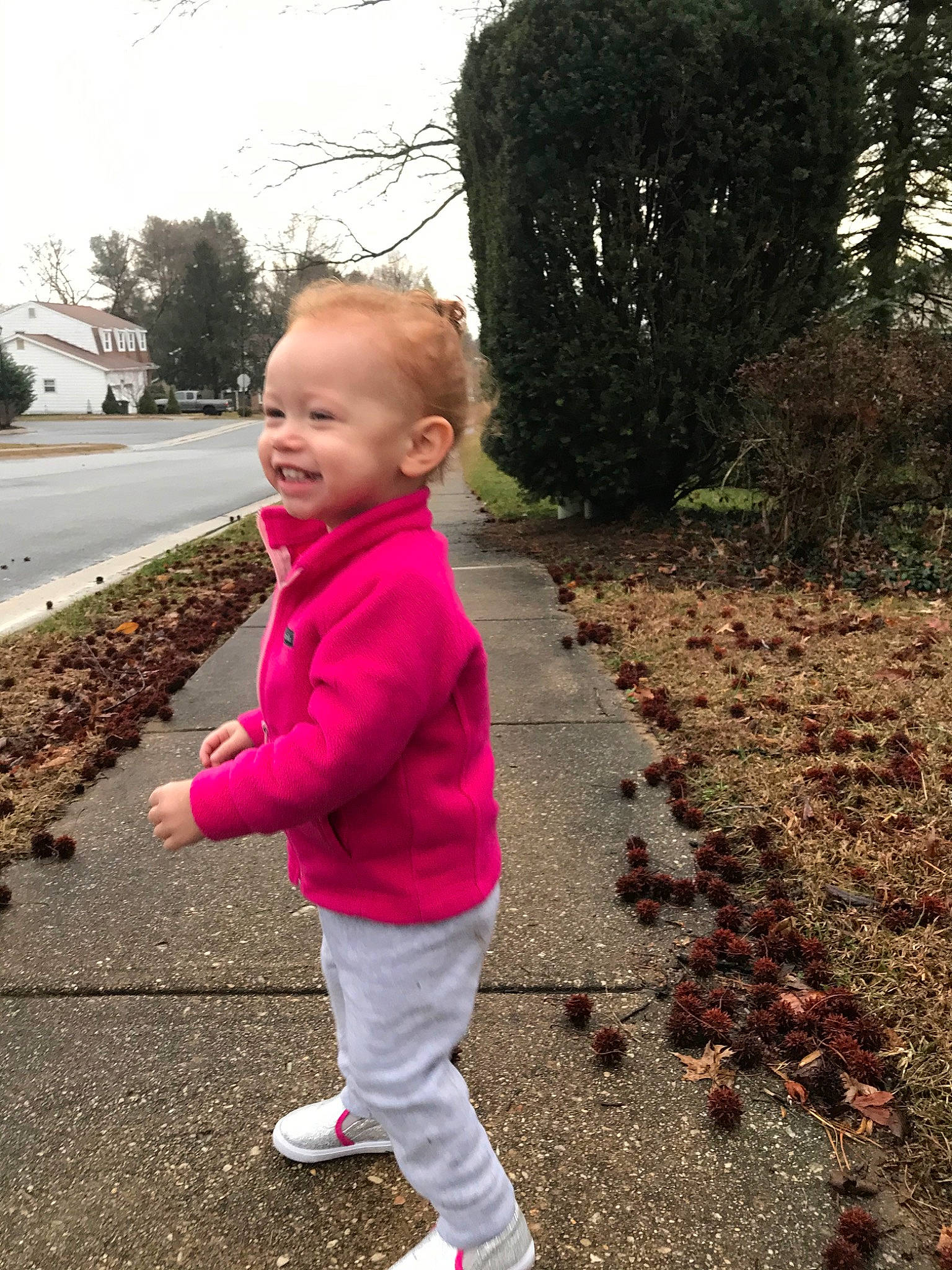 Aviney is registered to the contest to win money with this photo: child, jacket, joy, leaf, outerwear, person, pink, plant, play, standing, toddler, tree, vacation, walking