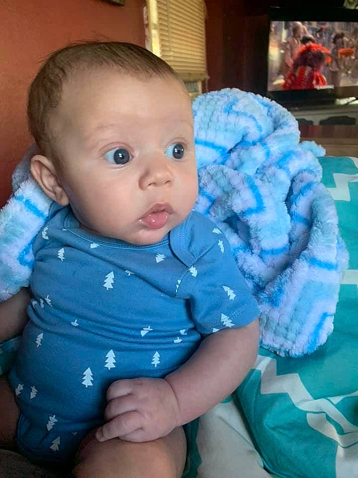 Jeffrey joined the competition — help win amazing prizes! baby, baby_toddler_clothing, blue, cheek, child, eye, face, head, iris, lip, mouth, nose, person, sitting, skin, smile, surprise, toddler