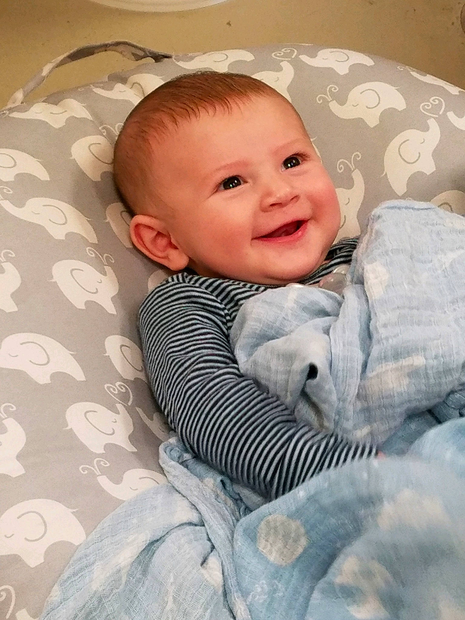 William is registered to the contest to win money with this photo: baby, baby_toddler_clothing, cheek, child, comfort, eye, face, flash_photography, happy, head, iris, joy, linens, nose, pattern, person, sitting, skin, sleeve, smile