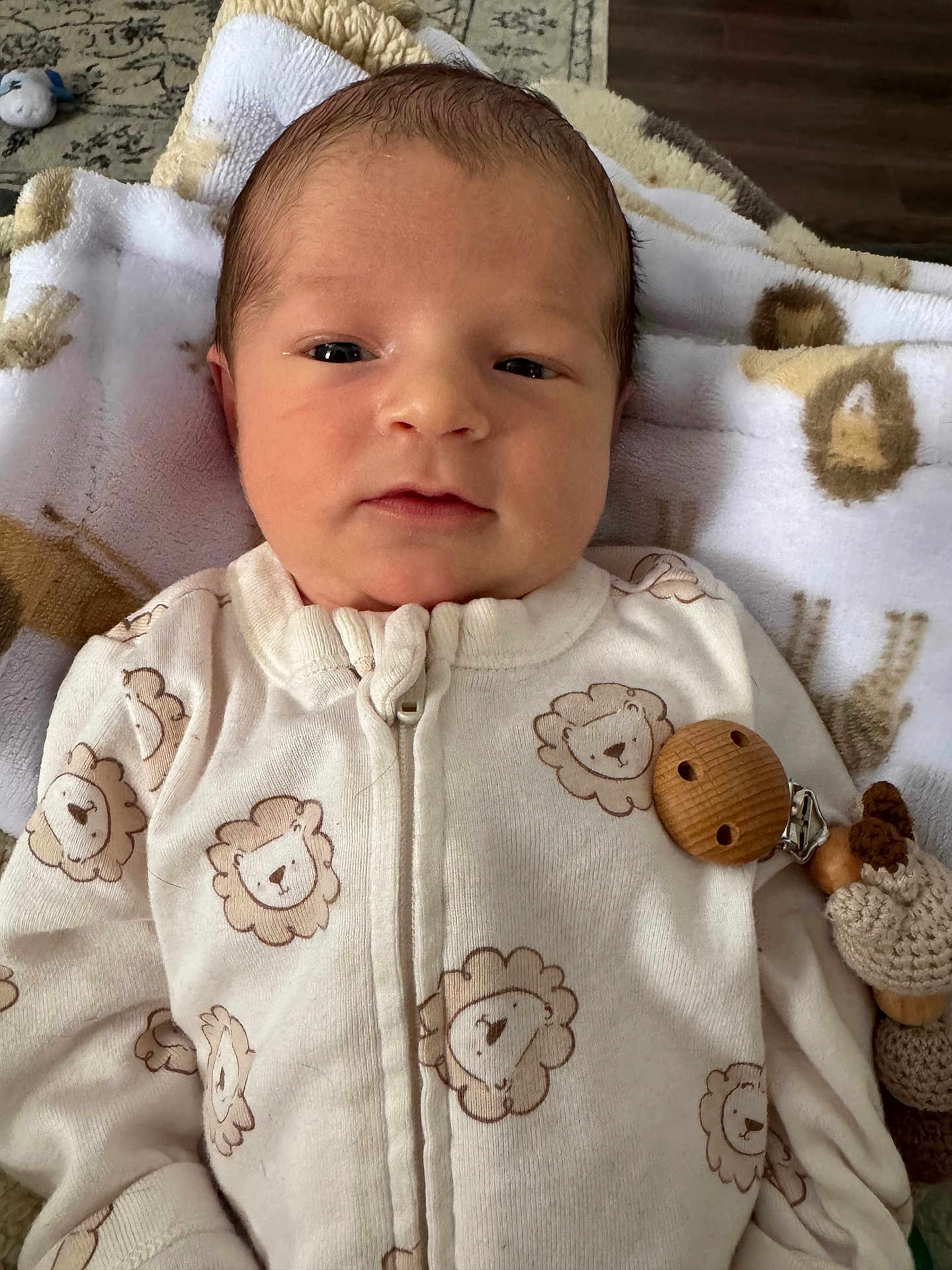 Noah is registered to the contest to win money with this photo: baby, newborn, infant, blanket, onesie, lion_pattern, wooden_pacifier_clip, face, person, cute, cozy, lying_down, soft_texture, closeup, indoors, carpet, wood_floor, expression, child, sleepwear