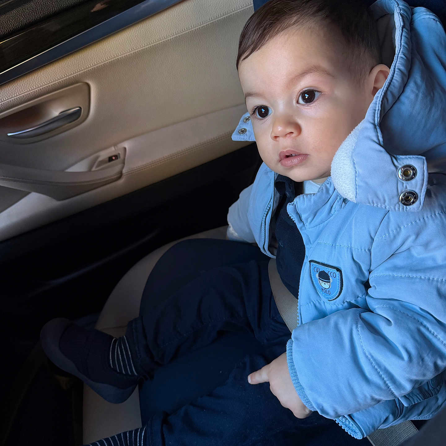 Demir participe au concours pour gagner de l'argent avec cette photo : baby, blue_jacket, car_interior, car_seat, casual, child, curious_expression, dark_pants, door_handle, indoors, person, portrait, seat, seatbelt, sitting, striped_socks, toddler, warm_clothing, window, young_child