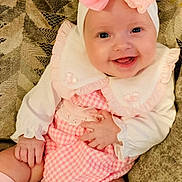 Valentina-Marie joined the competition — help win amazing prizes! baby, smiling, pink_bow, headband, pink_outfit, white_collar, sitting, couch, happy, infant, cute, child, indoors, portrait, clothing, sock, hand, face, cheerful, texture