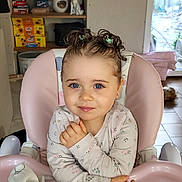 Romane participe au concours pour gagner de l'argent avec cette photo : blue_eyes, child, curly_hair, cute, expression, face, hair_buns, high_chair, home, indoor, long_sleeve_shirt, pacifier, person, pink, plush_toy, shelf, sitting, toddler, toy, window