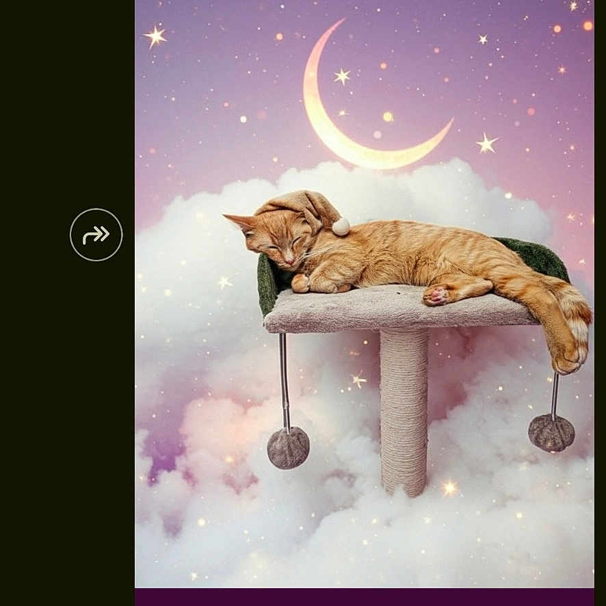 Binky Marie is registered to the contest to win money with this photo: cat, cat_tree, clouds, contest, cozy, crescent_moon, cute, dreamy_background, feline, link, orange_tabby, pawidols, pet, pink_text_box, purple_background, resting, sleeping, smartphone_screenshot, stars, text_message