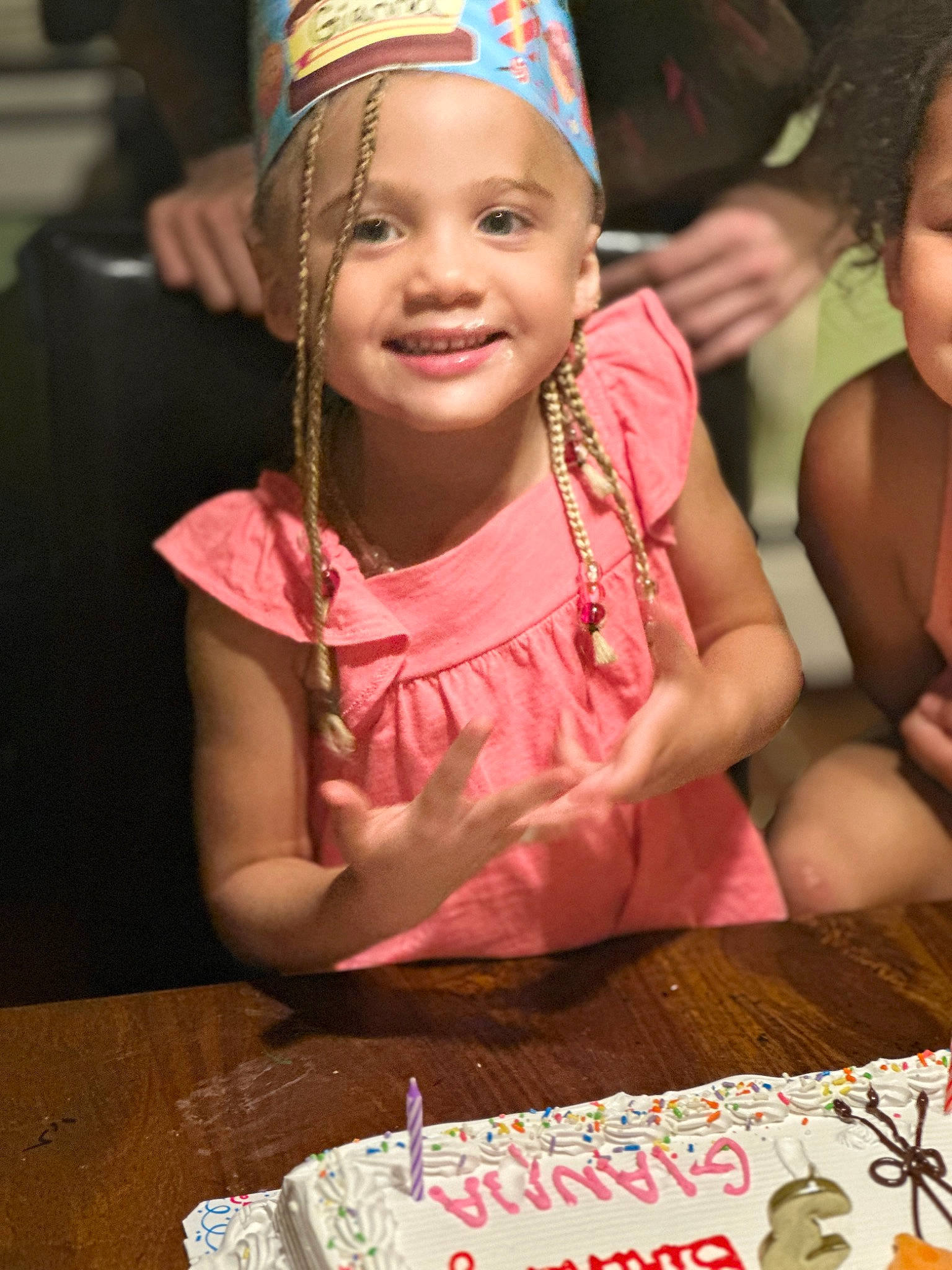 Gianna joined the competition — help win amazing prizes! birthday, birthday_cake, cake, cake_decorating, cake_decorating_supply, child, event, face, food, fun, happy, head, headwear, joy, person, pink, red, skin, smile, snapshot