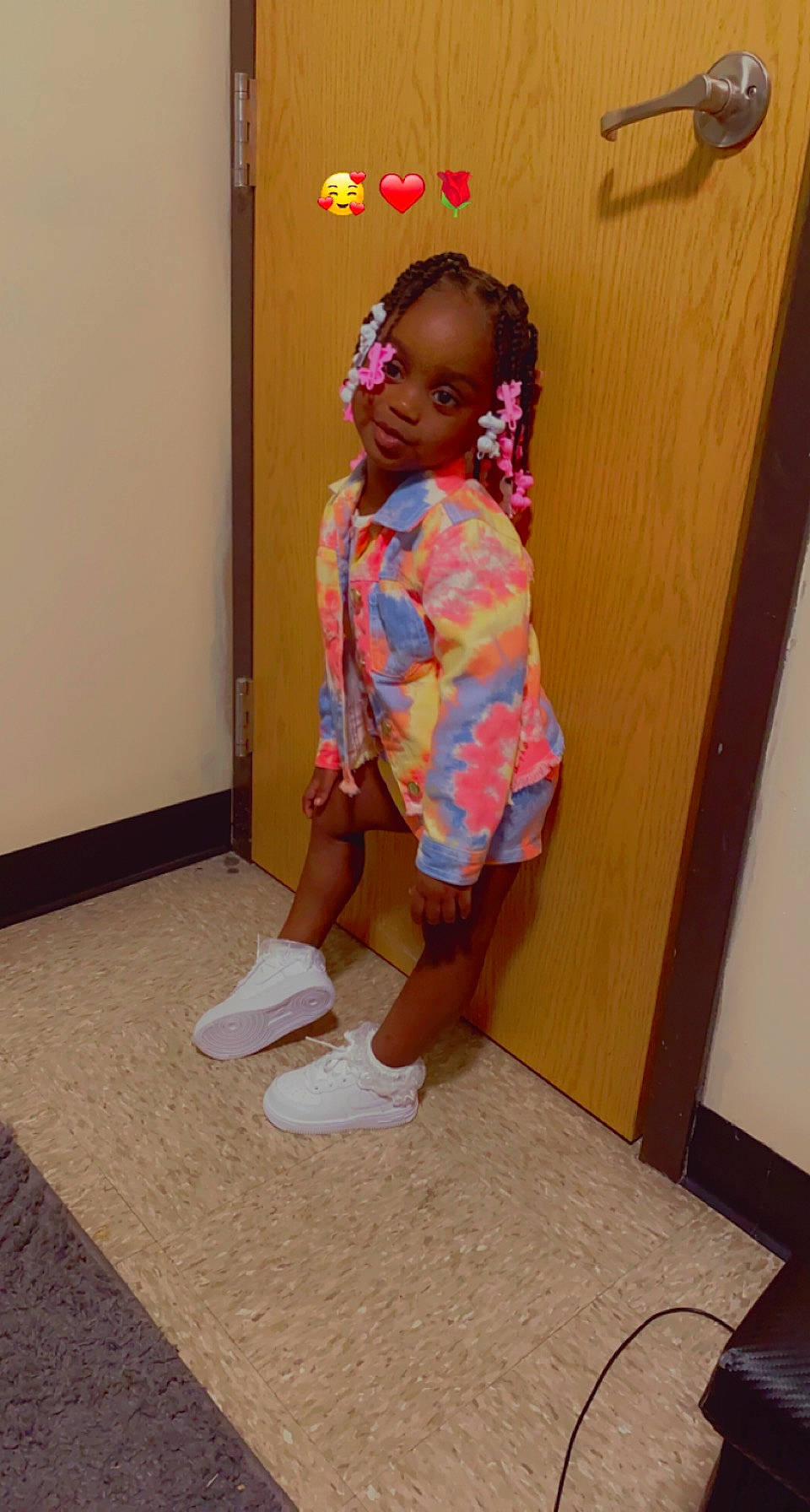 Jakiyah joined the competition — help win amazing prizes! baby_toddler_clothing, child, costume, door, fashion_accessory, fashion_design, flooring, fun, human_leg, knee, long_hair, magenta, pattern, peach, person, room, sleeve, sock, thigh, toddler