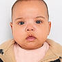 baby, infant, child, face, eyes, eyelashes, nose, mouth, lips, cheeks, skin, head, hair, ear, jacket, fleece, pattern, clothing, portrait, close_up