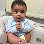 baby, infant, child, diaper, blue_shirt, sitting, baby_chair, bear_pattern, foot, hands, curious_expression, indoors, radiator, soft_toys, cute, smiling, portrait, skin, young, cozy