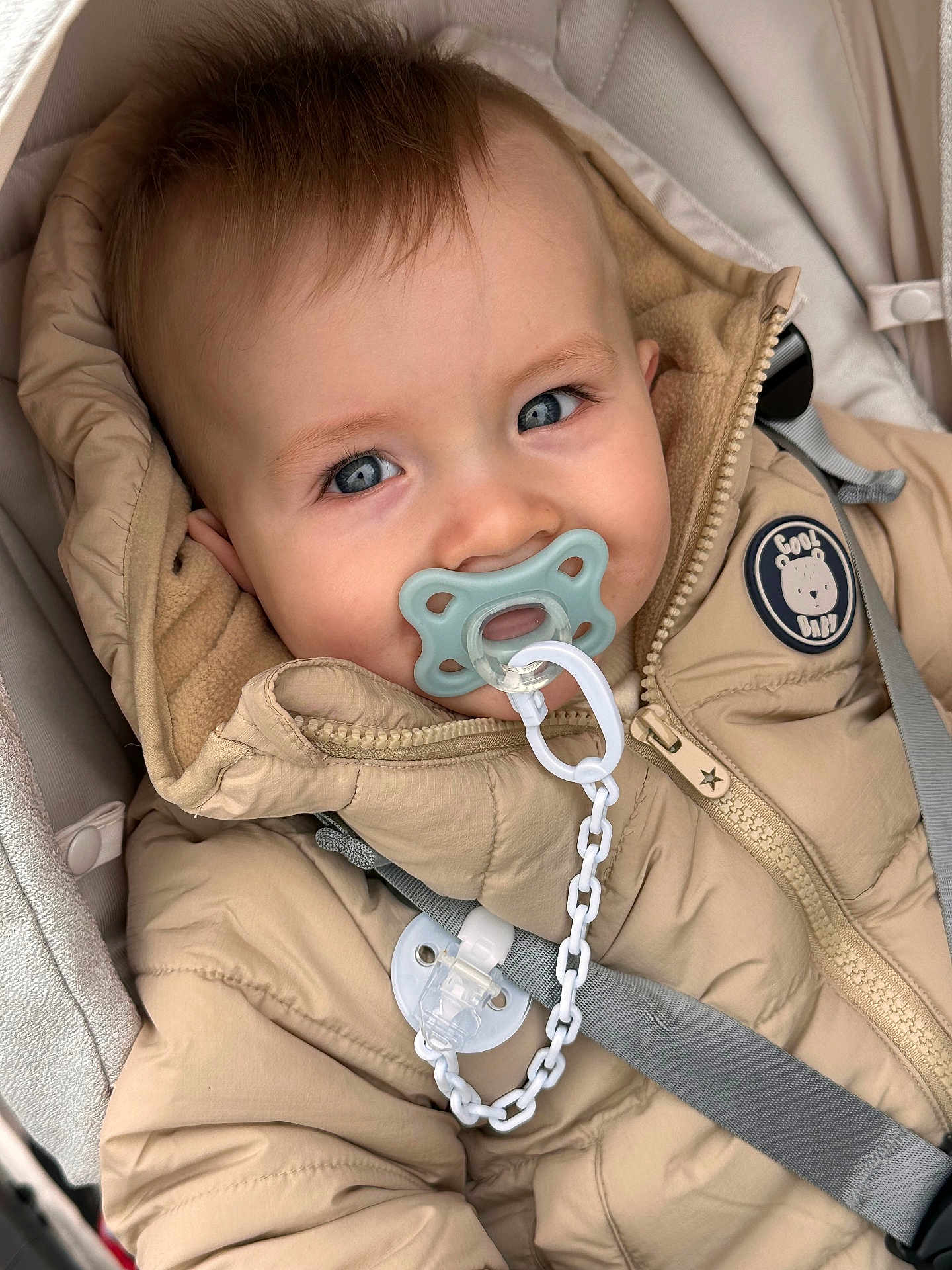 Maëlio participe au concours pour gagner de l'argent avec cette photo : baby, infant, pacifier, stroller, jacket, hood, coat, clip, chain, strap, zipper, badge, blue_eyes, rosy_cheeks, close_up, portrait, cute, seatbelt, plush_lining, hand