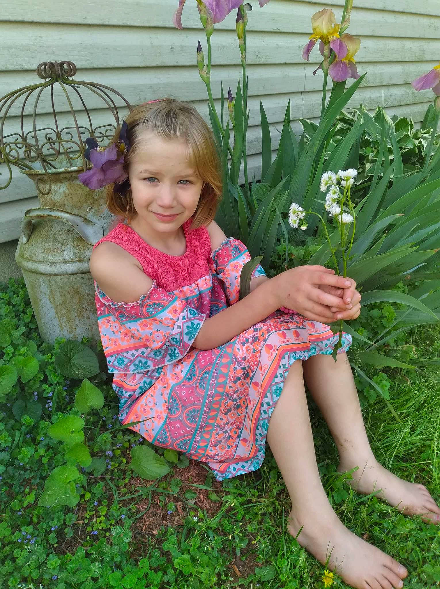 Katherine joined the competition — help win amazing prizes! baby_toddler_clothing, botany, dress, eye, facial_expression, flower, fun, grass, grass_family, green, happy, human_leg, iris, joy, leaf, people_in_nature, person, pink, plant, smile