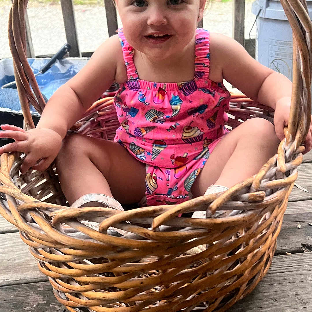 Adelynn joined the competition — help win amazing prizes! baby, backyard, basket, chair, face, furniture, grass, head, jar, nature, outdoors, park, person, photography, plant, portrait, pottedplant, sitting, summer, yard