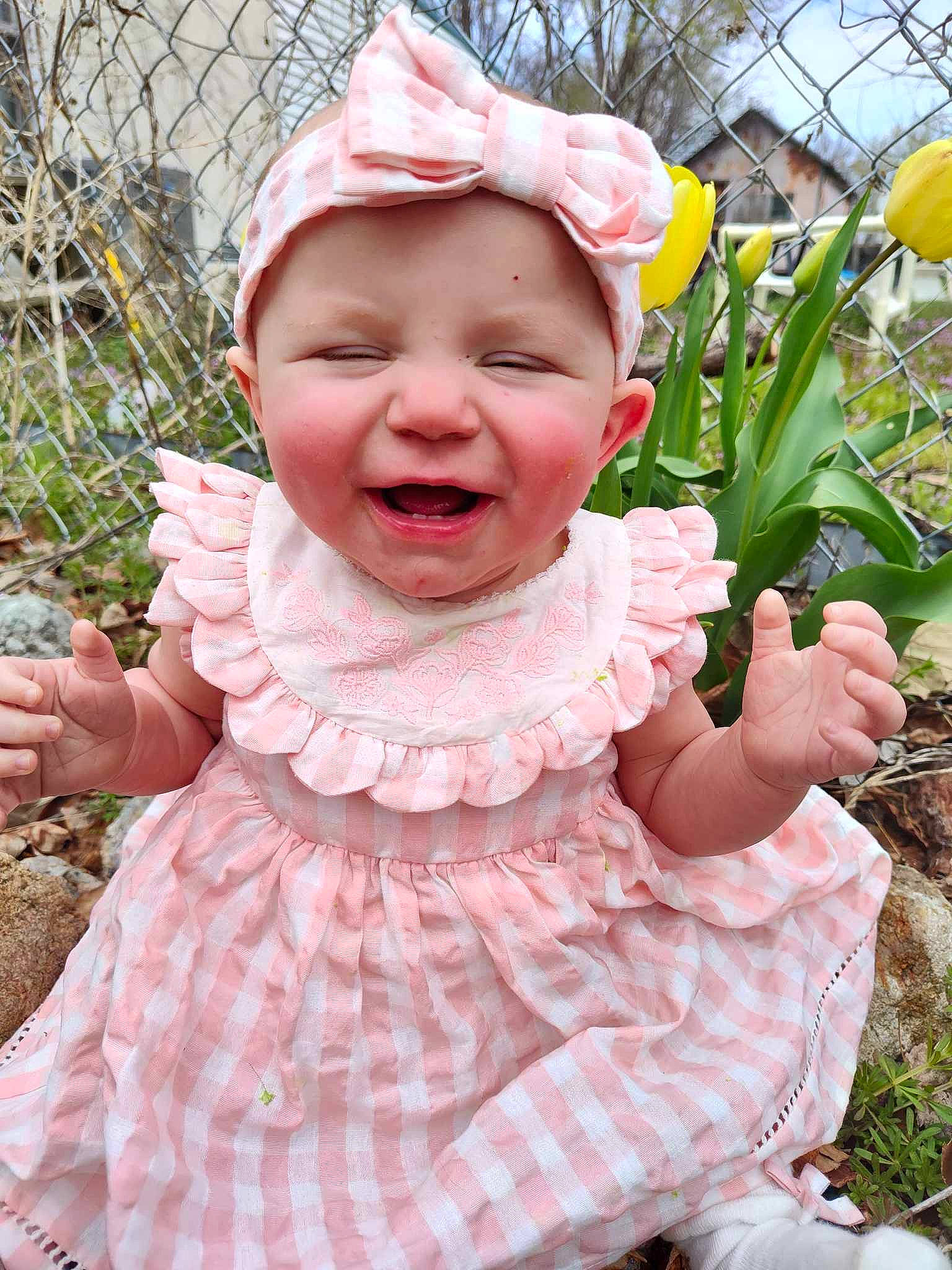 Charolette is registered to the contest to win money with this photo: baby, baby_toddler_clothing, beauty, child, dress, flower, fun, grass, happy, headwear, joy, magenta, pattern, people_in_nature, person, petal, pink, plant, sitting, sleeve