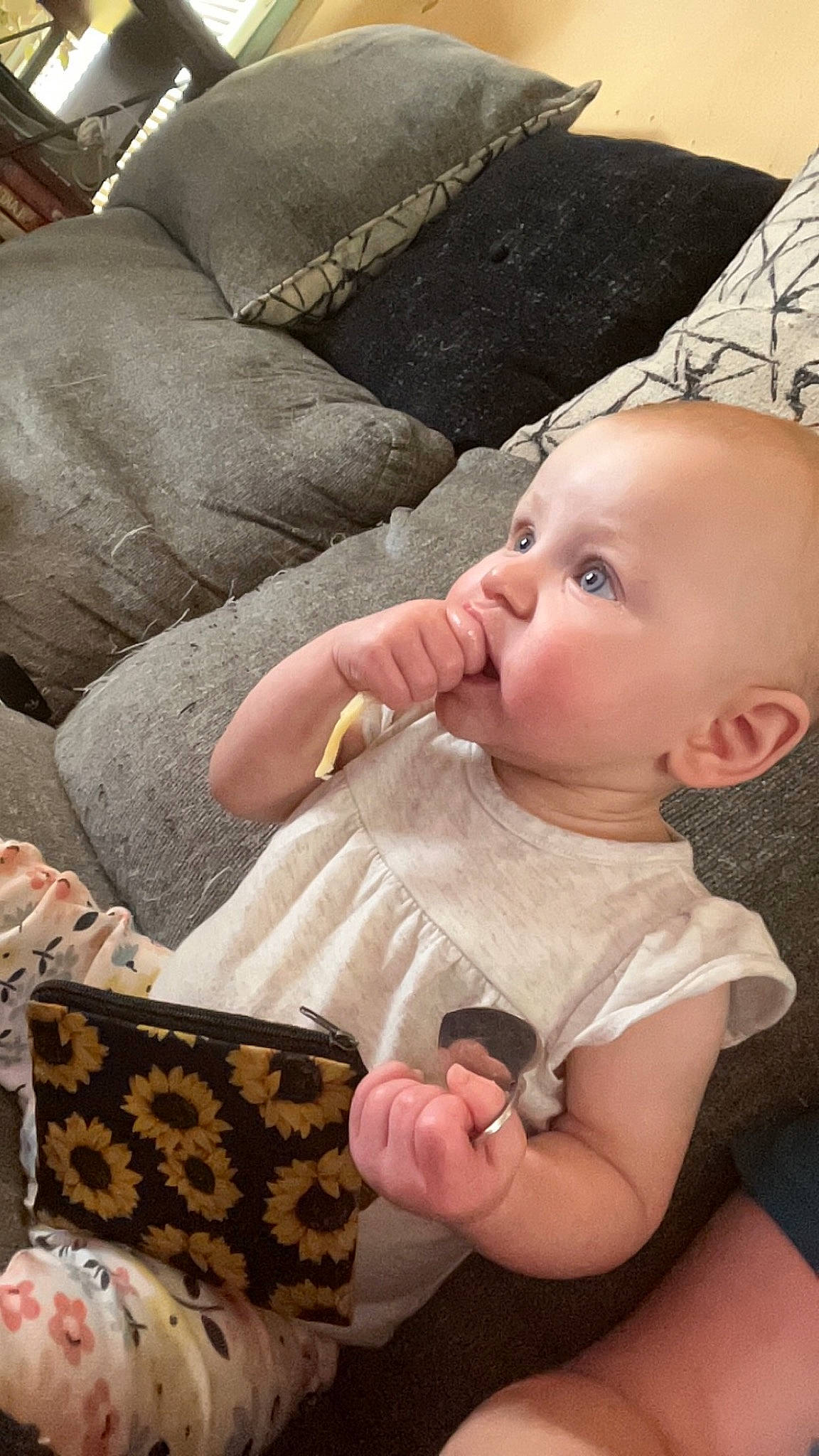 Charolette joined the competition — help win amazing prizes! arm, baby, baby_products, baby_toddler_clothing, cheek, child, comfort, couch, finger, hand, human_body, lip, mammal, nail, nose, person, sitting, skin, textile, thumb