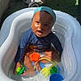 baby, bandana, blue_shirt, child, fun, grass, grill, happy, inflatable_pool, outdoor, patio, playful, shadow, sitting, smiling, summer, sunlight, toys, water, water_play