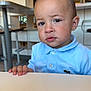 toddler, child, boy, face, expression, blue_shirt, polo_shirt, hand, table, indoor, cafe, modern_interior, curious, puzzled, person, young_child, skin, head, eyes, nose
